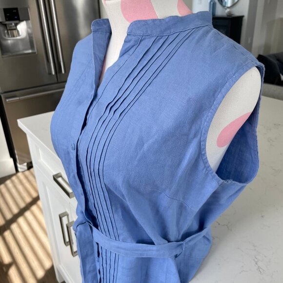 L.L.Bean 100% Linen Button Down Pleated Belted Dress Cornflower Blue Sz 10 NWOT - Picture 2 of 13